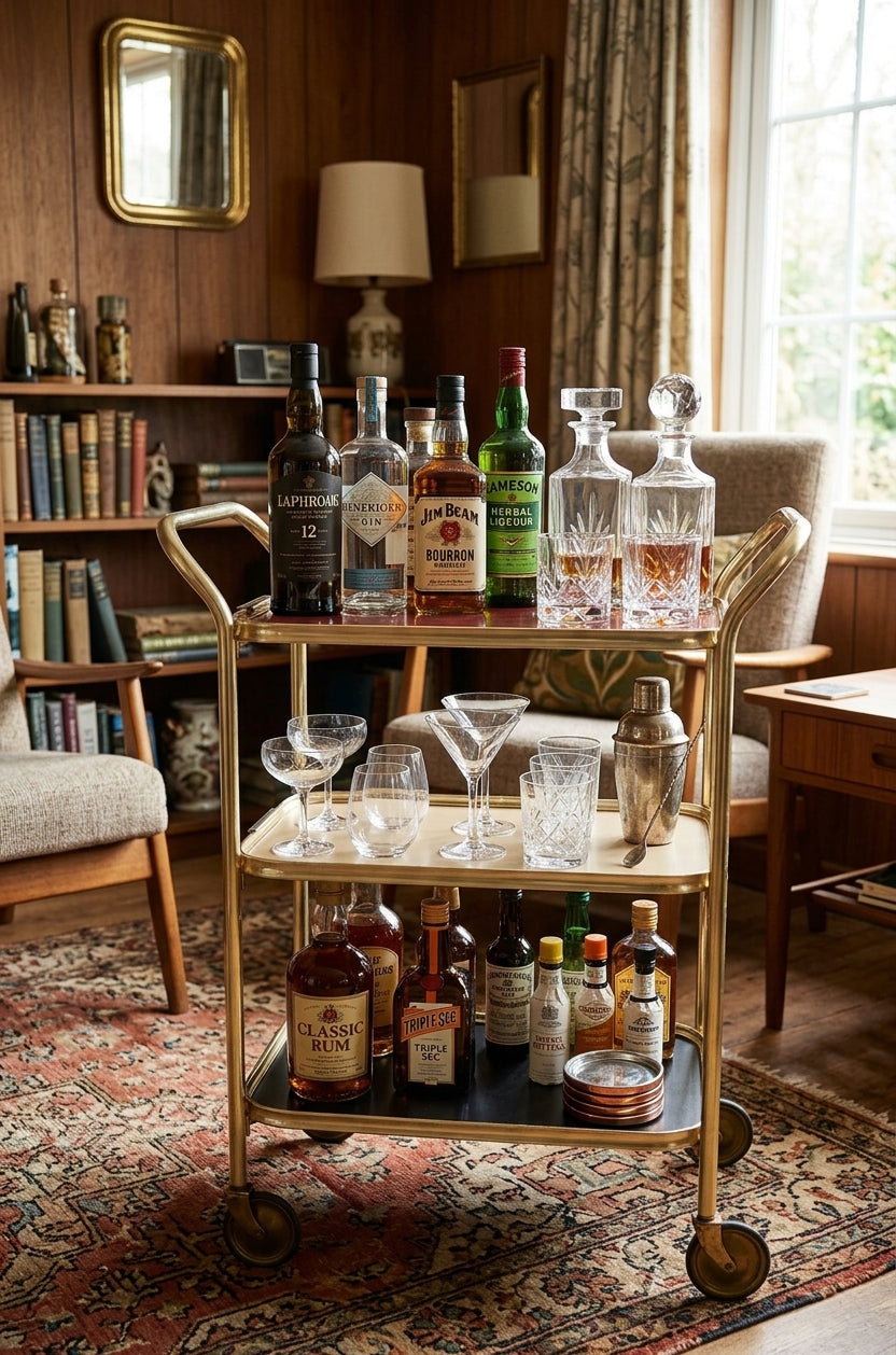 Vintage Gold Trolley/Bar Cart With Black & Red Trays