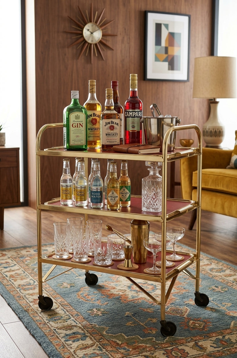 Vintage Gold Trolley/Bar Cart With Red Trays
