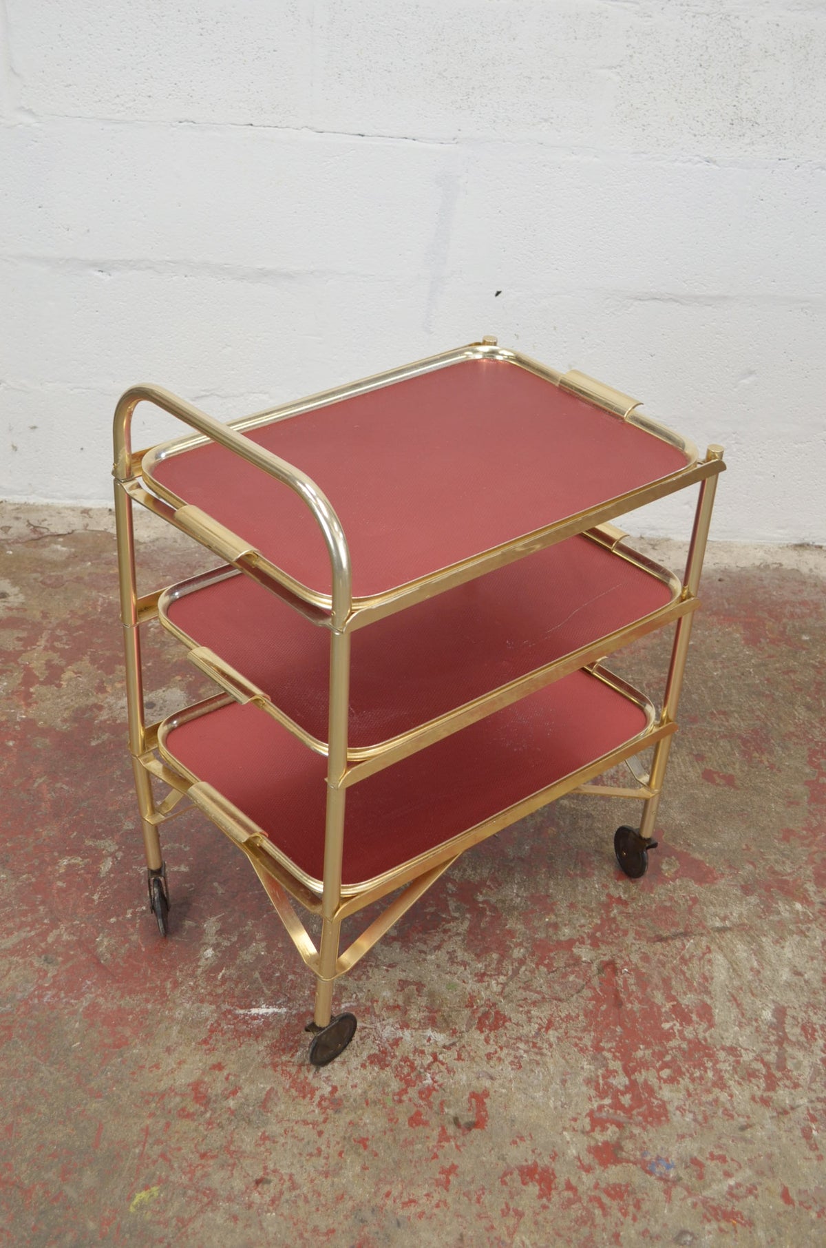 Vintage Gold Trolley/Bar Cart With Red Trays