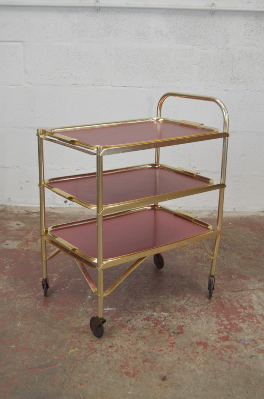 Vintage Gold Trolley/Bar Cart With Red Trays