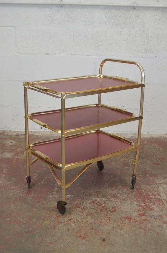 Vintage Gold Trolley/Bar Cart With Red Trays
