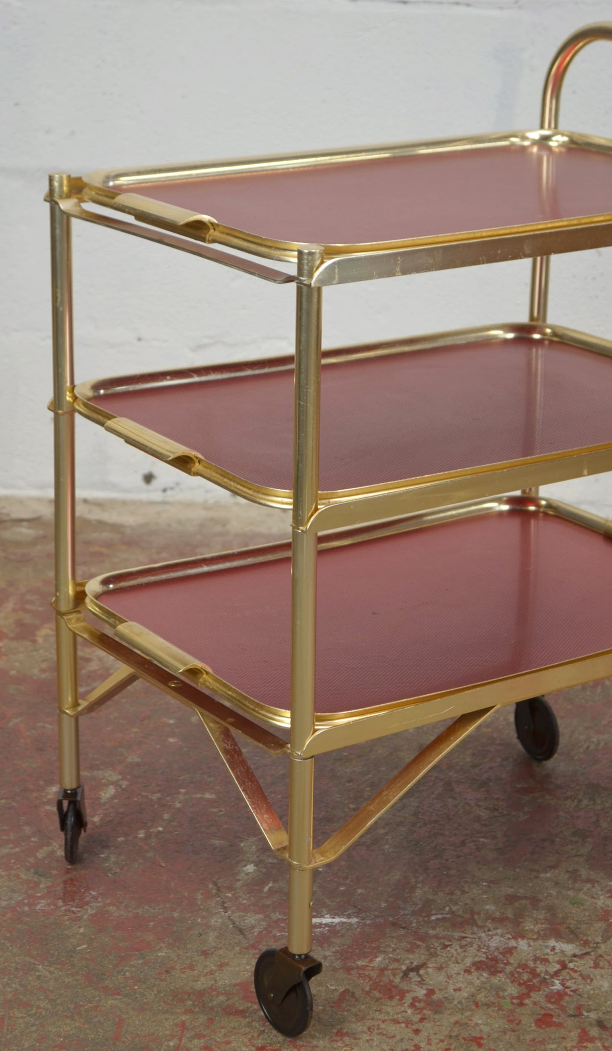 Vintage Gold Trolley/Bar Cart With Red Trays