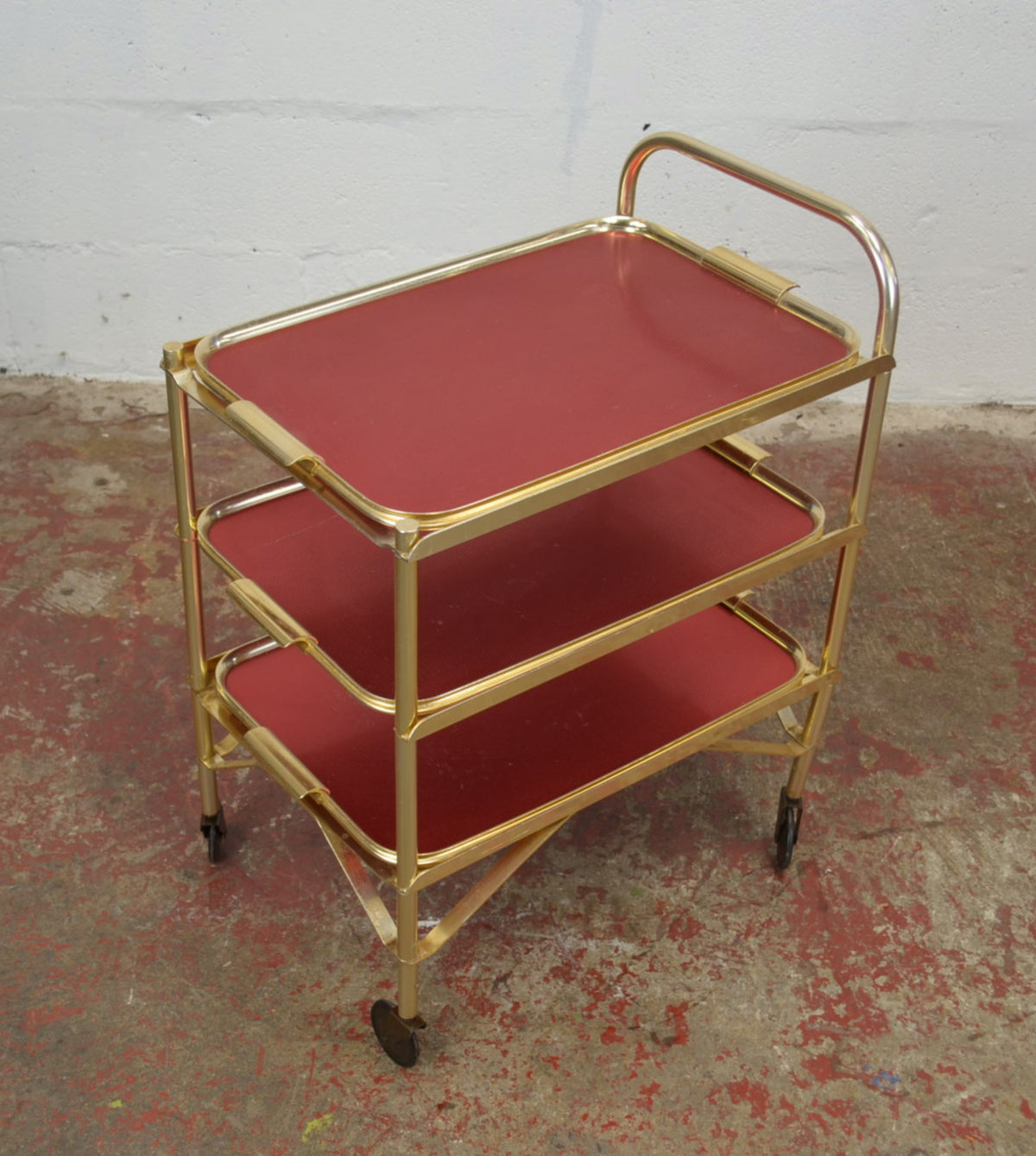 Vintage Gold Trolley/Bar Cart With Red Trays