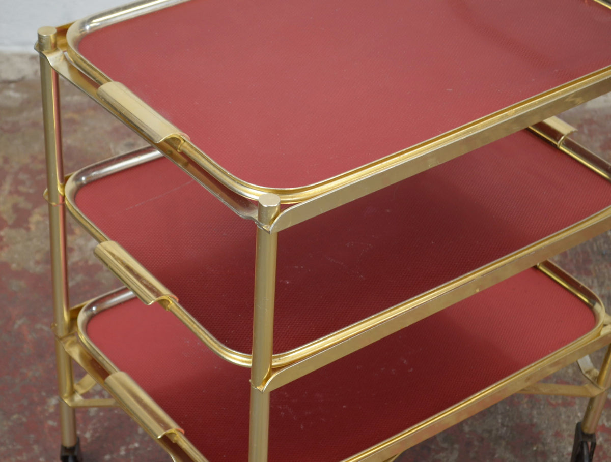 Vintage Gold Trolley/Bar Cart With Red Trays