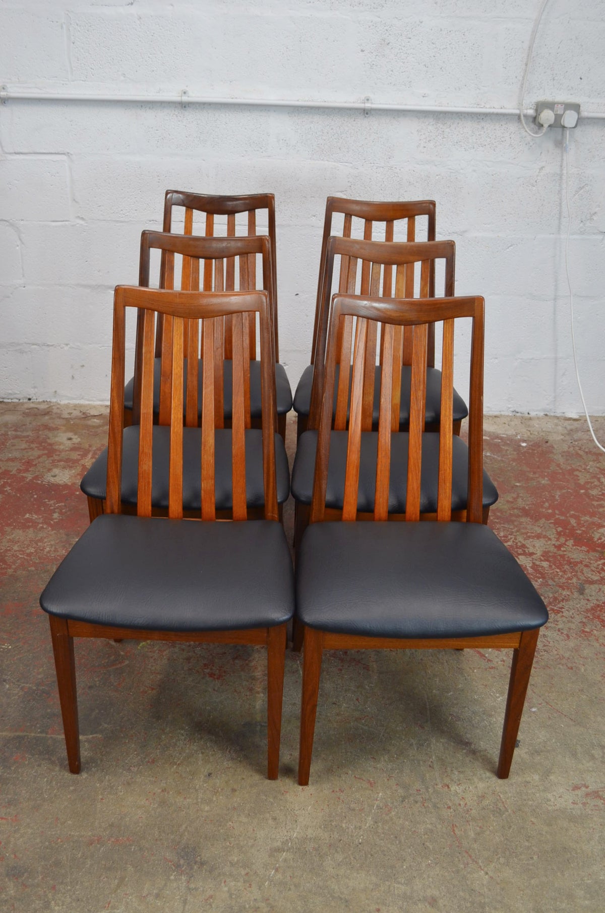 A Set Of Six G-Plan Fresco Dining Table Chairs - Black Faux Leather