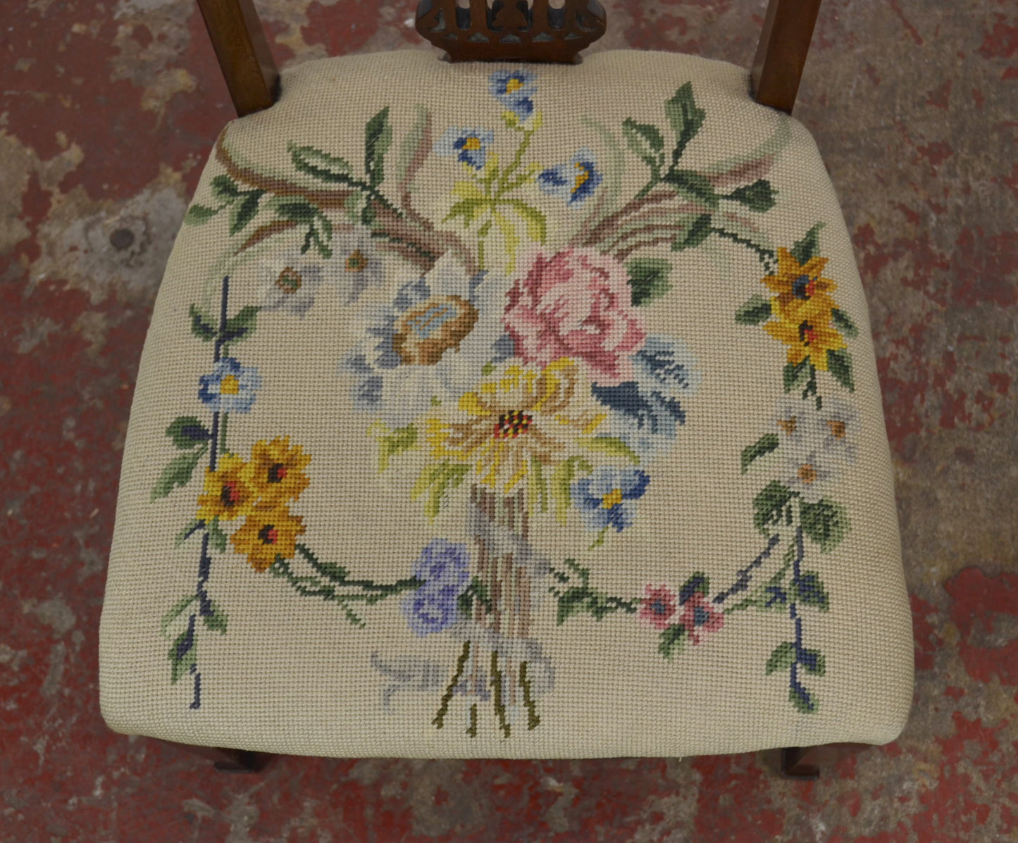 An Antique Mahogany Side Chair With Floral Tapestry Seat