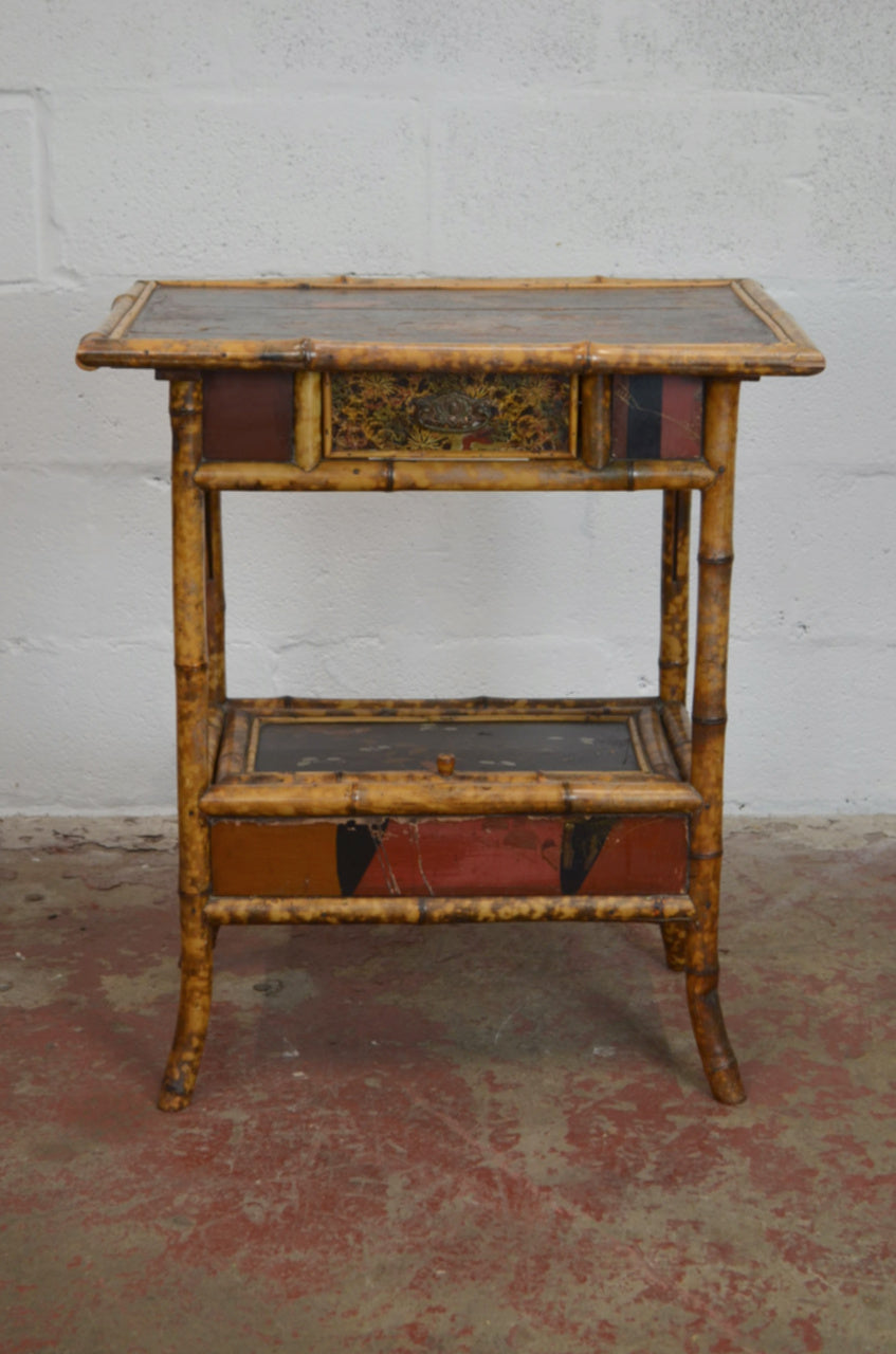 Antique Aesthetic Movement Bamboo Side Table Twin Drawers