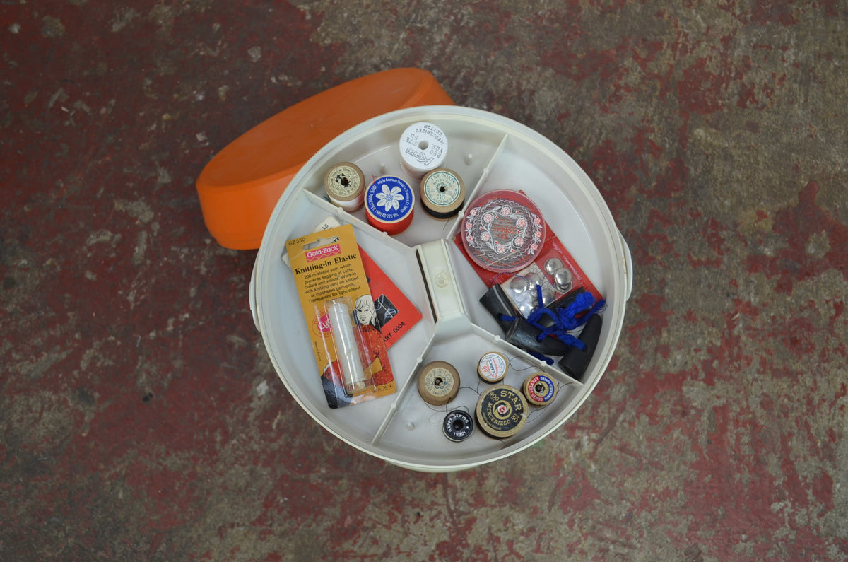Vintage Mid-Century "Flair" Space Age Sewing Box Stool – Retro Orange & Off-White