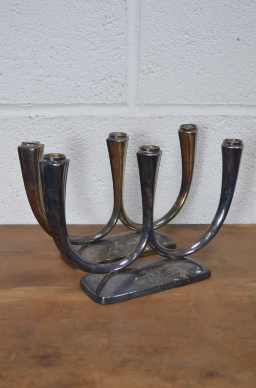 Vintage Pair Of Silver Plate Three Candle Candelabra