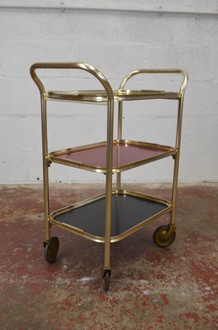 Vintage Gold Trolley/Bar Cart With Black & Red Trays