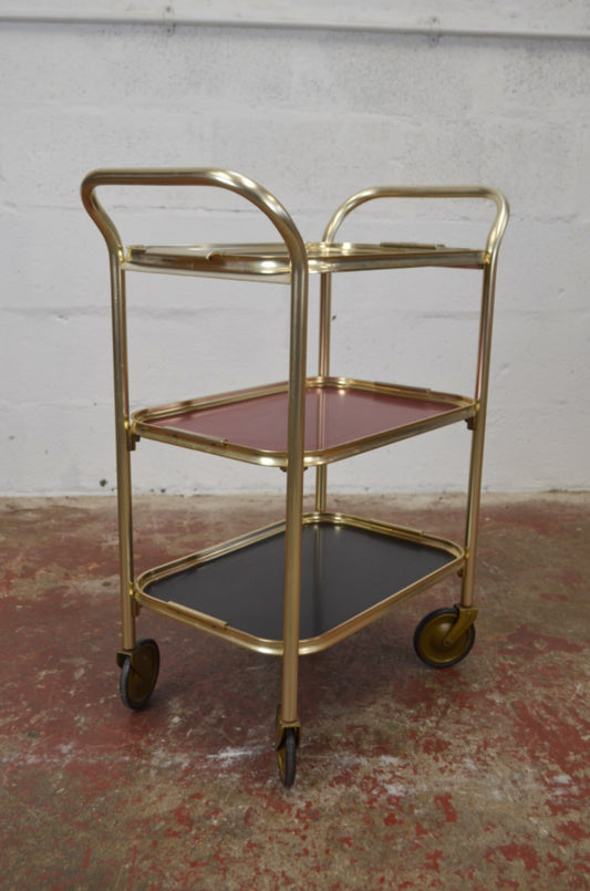 Vintage Gold Trolley/Bar Cart With Black & Red Trays