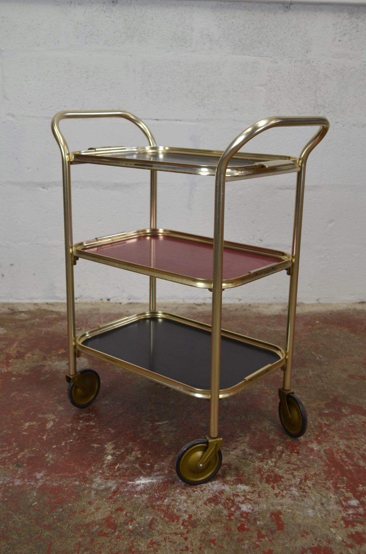 Vintage Gold Trolley/Bar Cart With Black & Red Trays