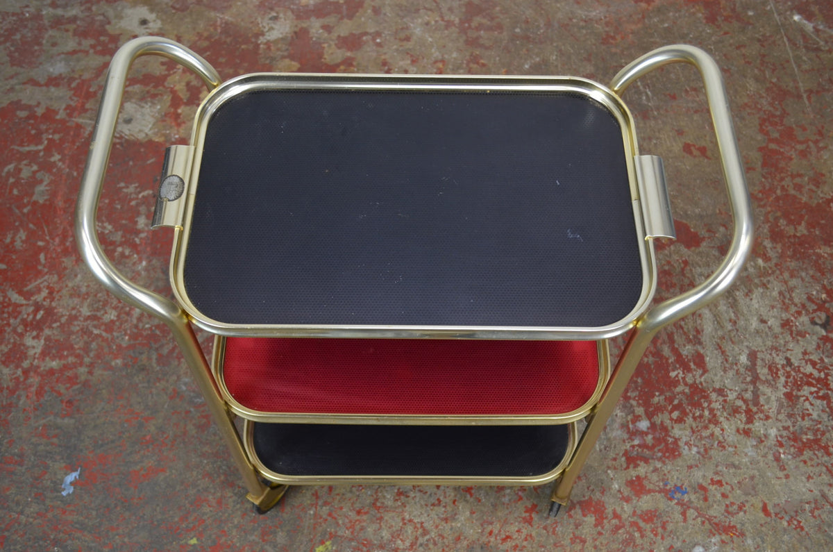 Vintage Gold Trolley/Bar Cart With Black & Red Trays