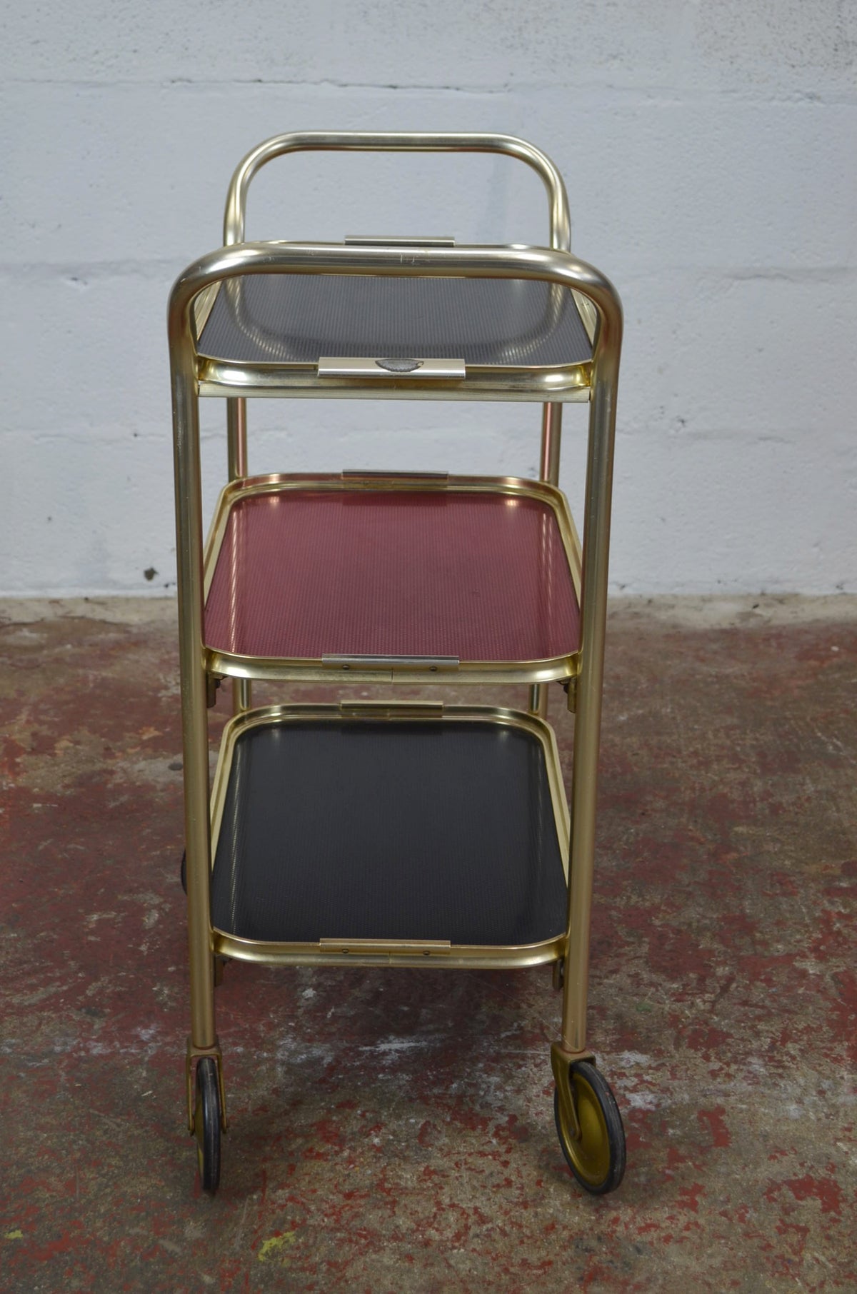 Vintage Gold Trolley/Bar Cart With Black & Red Trays