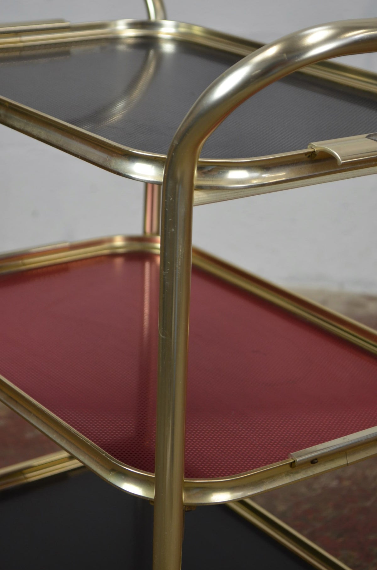 Vintage Gold Trolley/Bar Cart With Black & Red Trays