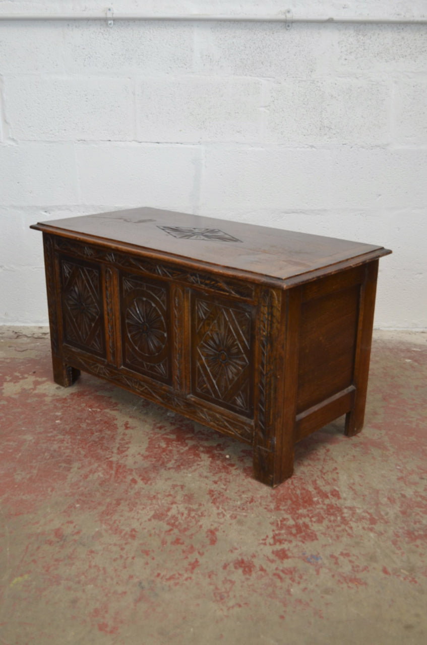Antique 19th Century Solid Oak Carved Coffer