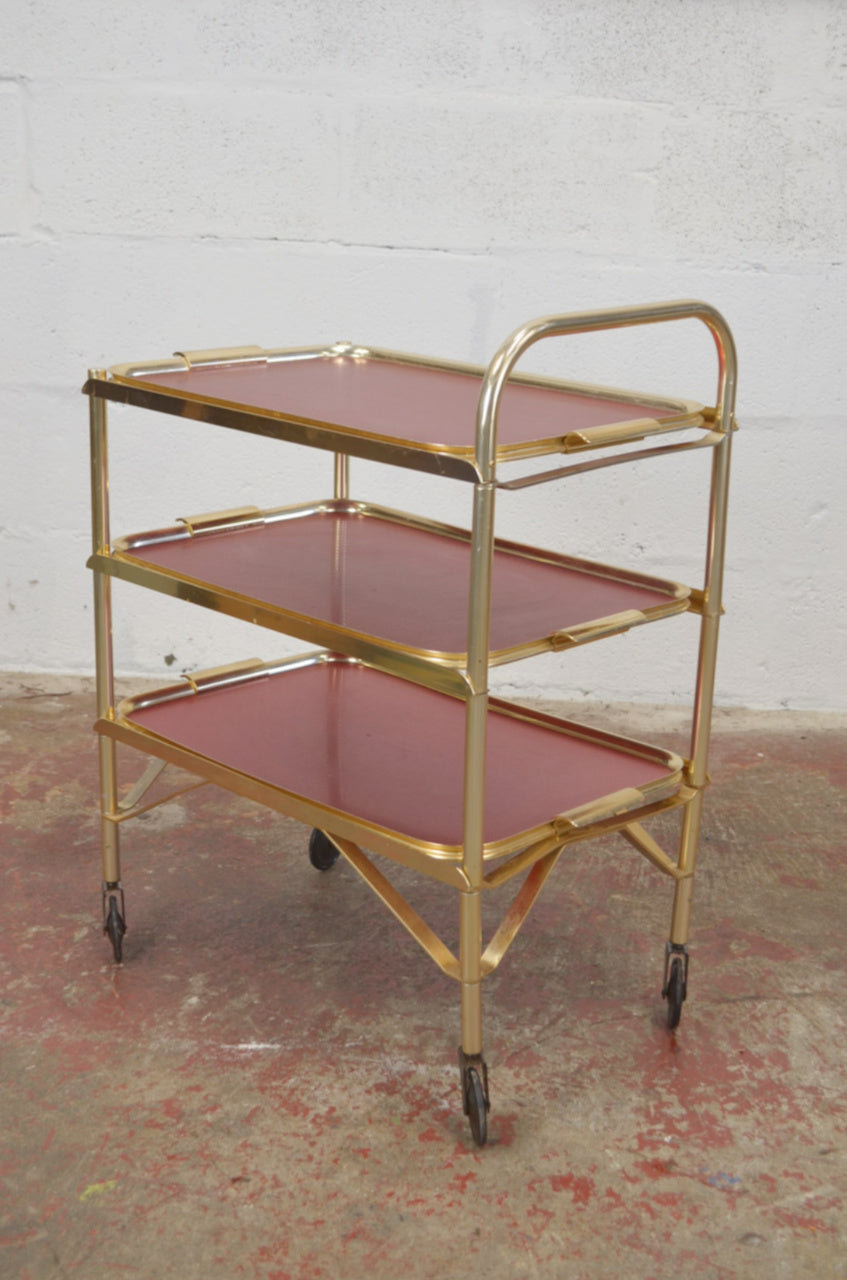 Vintage Gold Trolley/Bar Cart With Red Trays