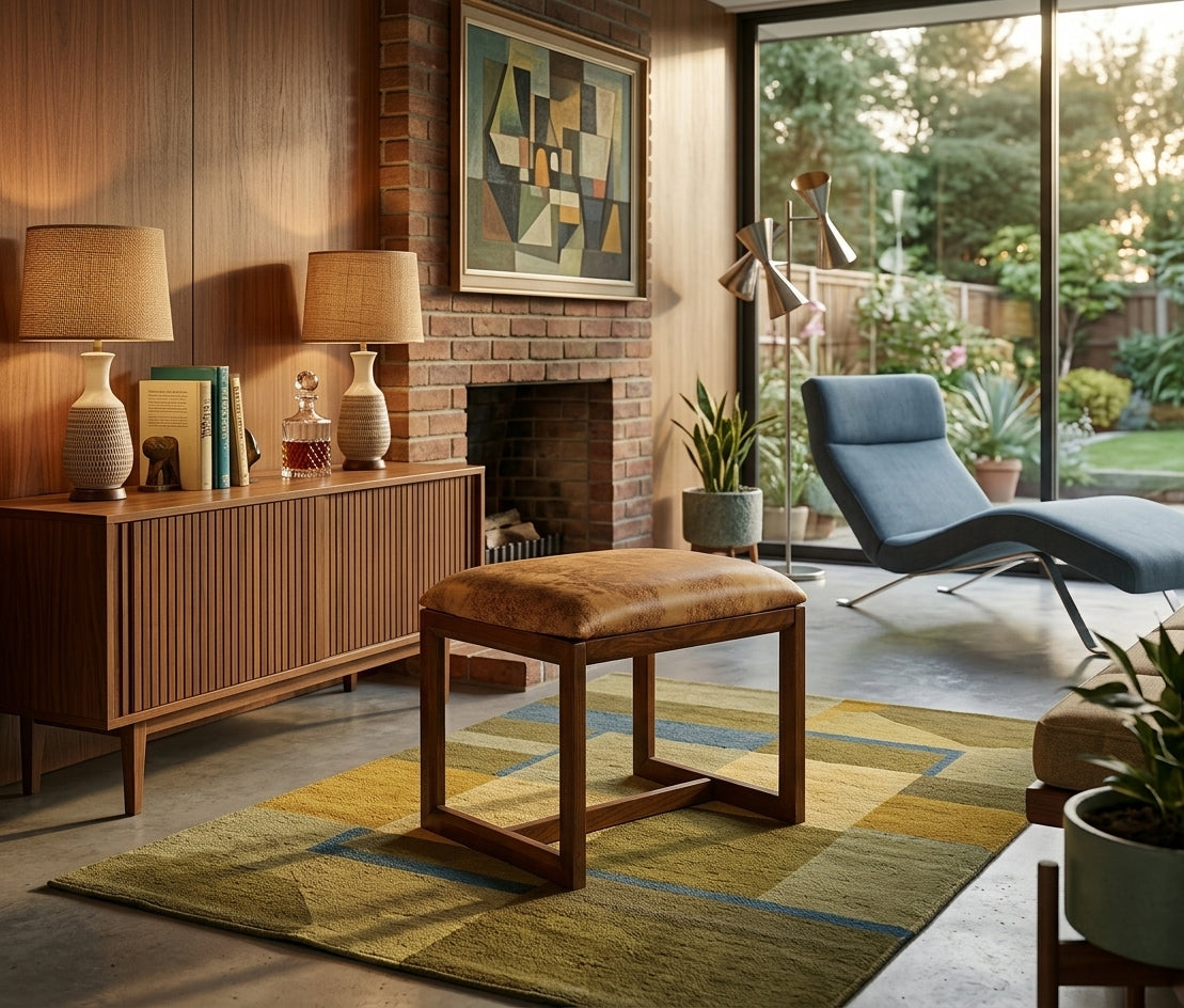 G Plan Quadrille Mid-Century Teak & Faux Leather Stool