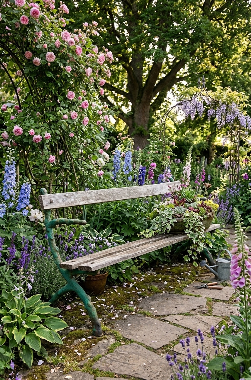 Victorian Rustic Cast Iron & Wood Garden Bench – "Twig" Pattern