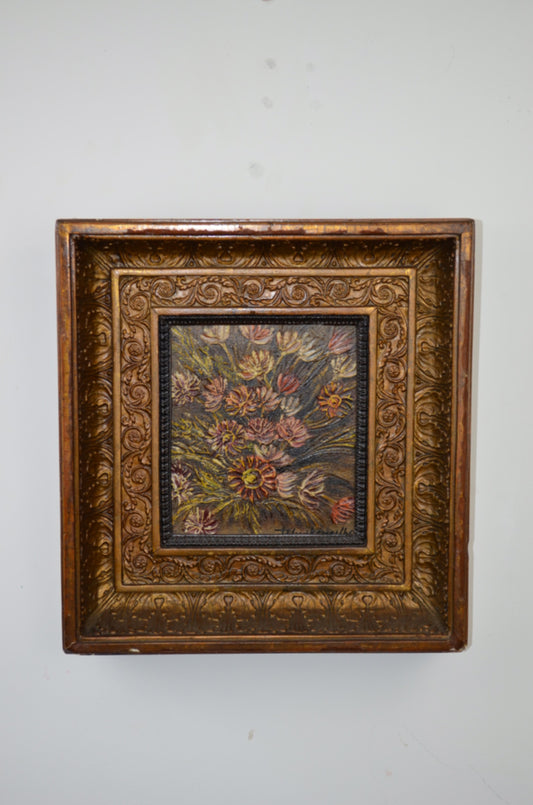 Vintage Flowers Oil On Board